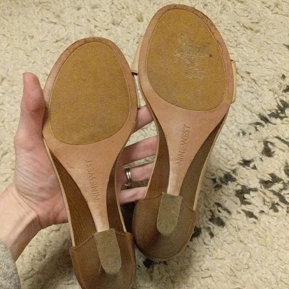 Nine West Two-Tone Nude and Tan Ankle Strap Heels with Gold Buckle Accent - Picture 5 of 6